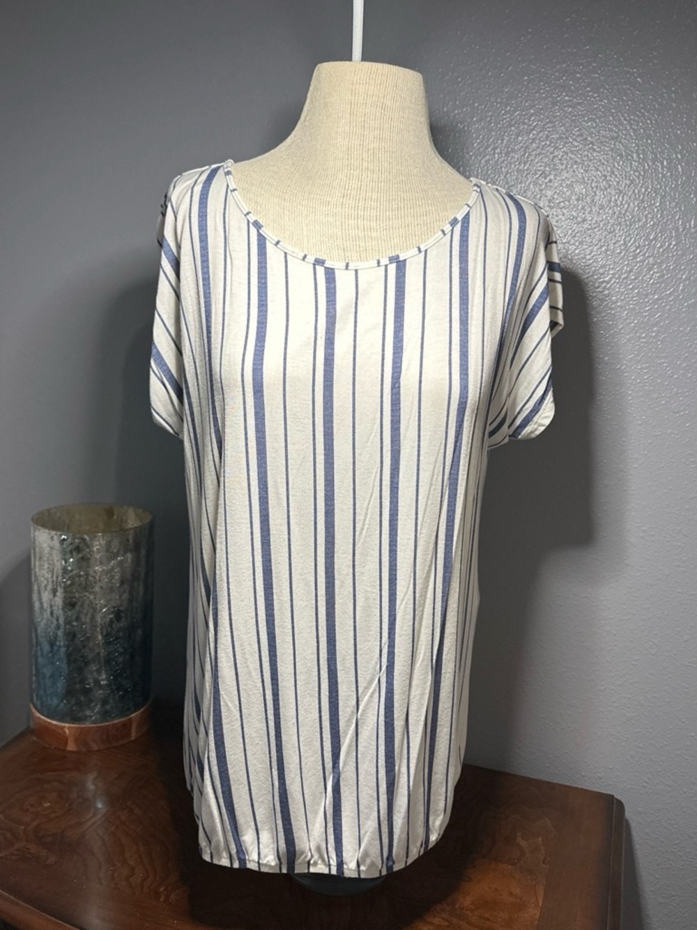 Women's Short Sleeve Vertical Stripe Tee - White & Blue
